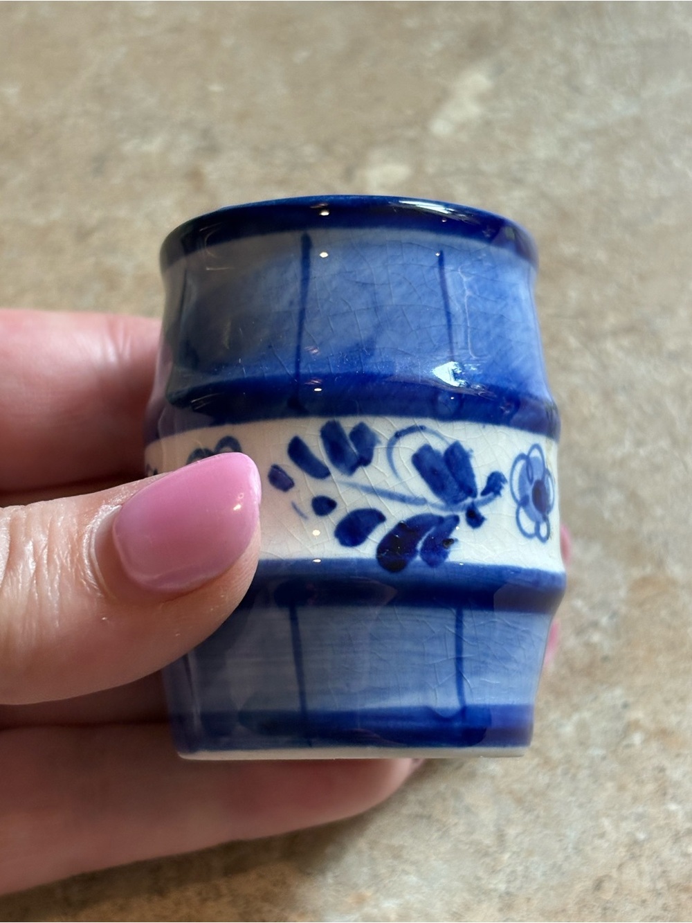 Vintage Hand Painted Delfts Blue Miniature Cup Vase Blue White Floral 2”